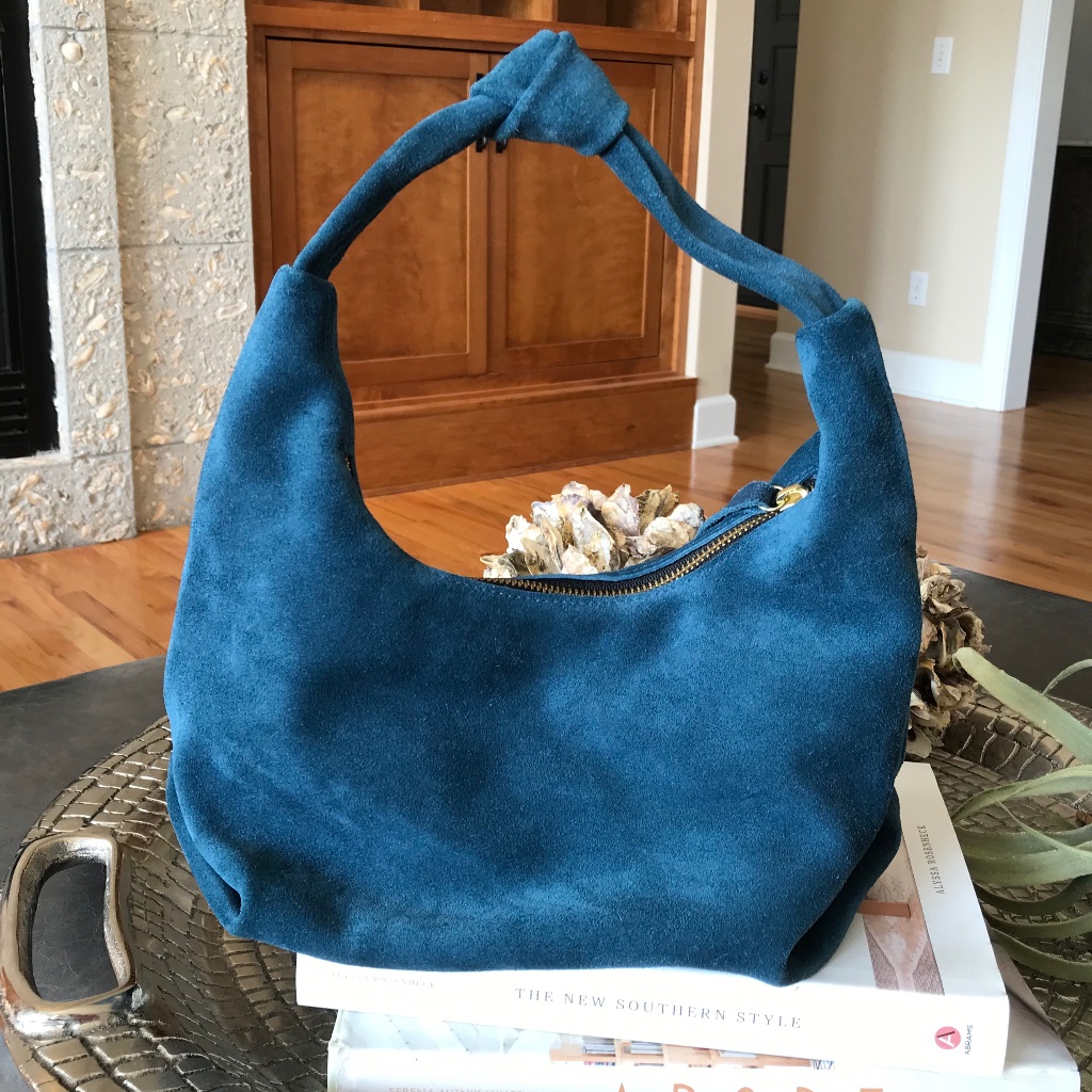 Nwot Oliveve Nora Knot Bag Aegean Italian Suede Hobo Shoulder Bag Blue — image 4 of 8